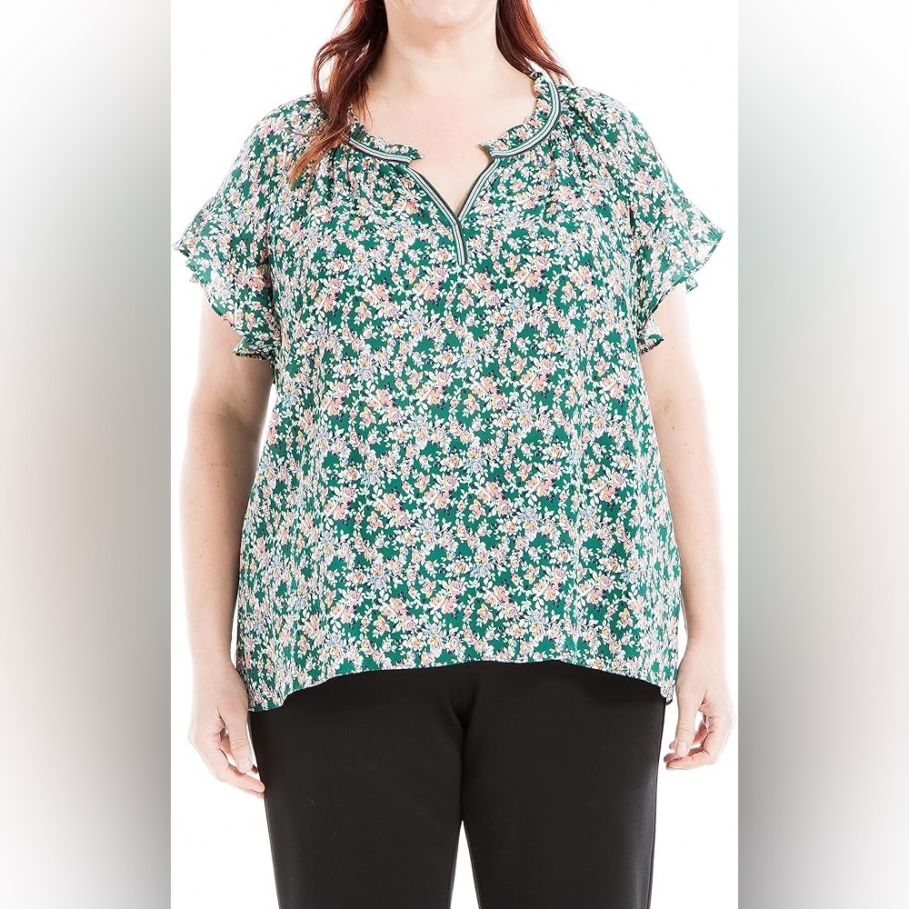 Max Studio Women's Plus Size Woven Flutter Sleeve Top, Size 1X, Green Carnation